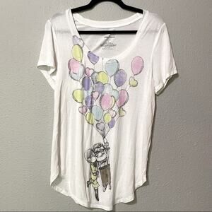Disney Up Balloon Print Short Sleeve Tee Shirt Womens Small White Colorful Print
